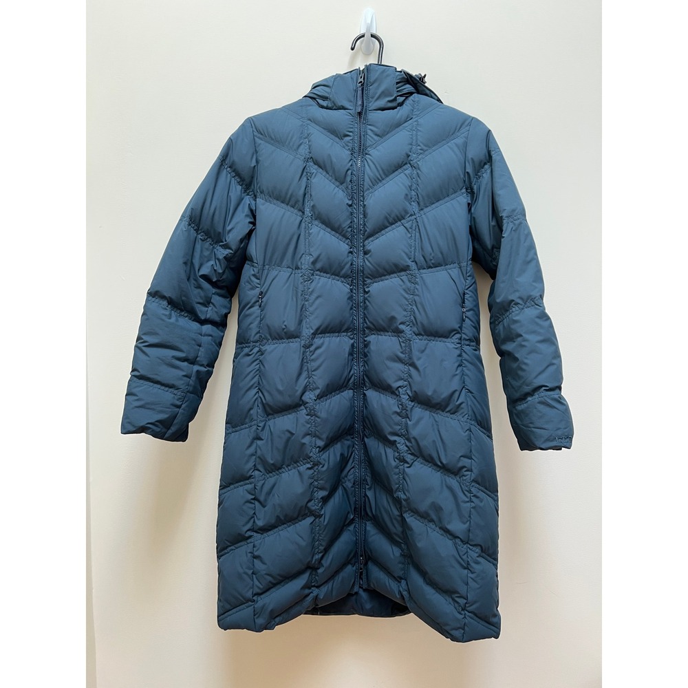 LL Bean Puffer Coat Womens S Blue Long Goose Down Hooded Parka Removable Hood